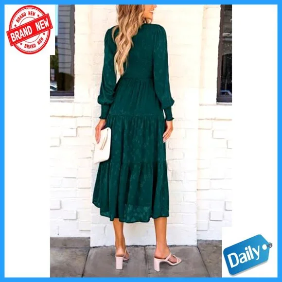 Floral Midi Dress Long Sleeve Smocked Elegant Wedding Guest Flowy with Pockets